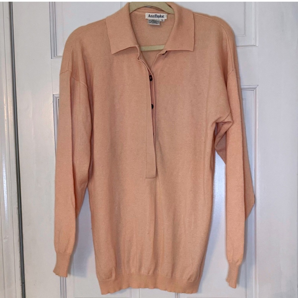 Ann Taylor Polo Sweater Womens L Blush Cashmere Vintage 80s Collared Button Knit